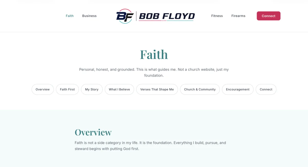 BobFloyd.com Faith page showing the section introduction, topic links, and an overview block