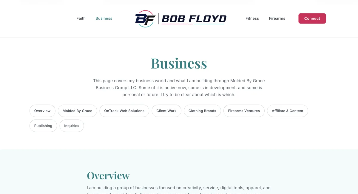 BobFloyd.com Business page listing the business areas covered on the site with an overview block