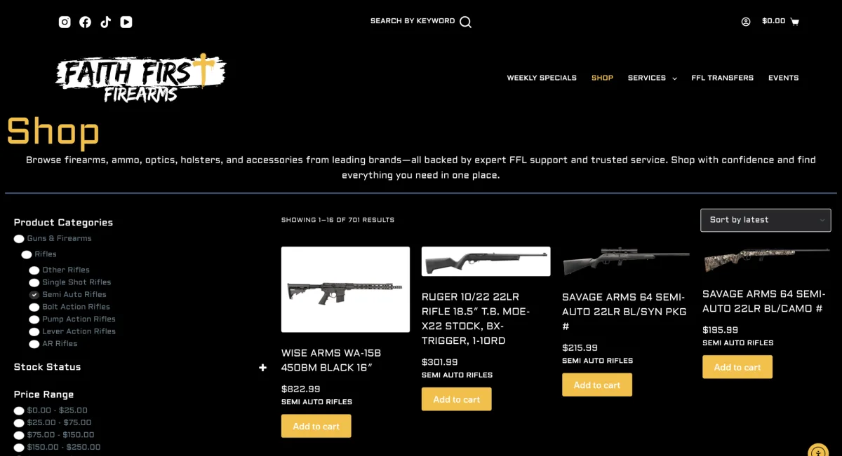 FaithFirstFirearms.com shop page with product category filters, stock and price filters, and product listings