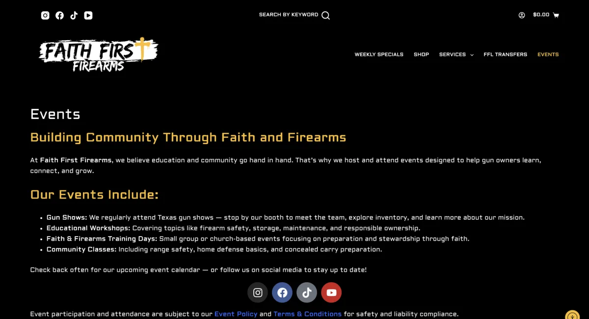FaithFirstFirearms.com events page describing the types of events the business attends and hosts