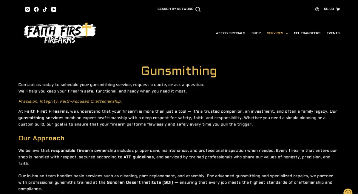 FaithFirstFirearms.com gunsmithing service page describing the service and the approach behind it