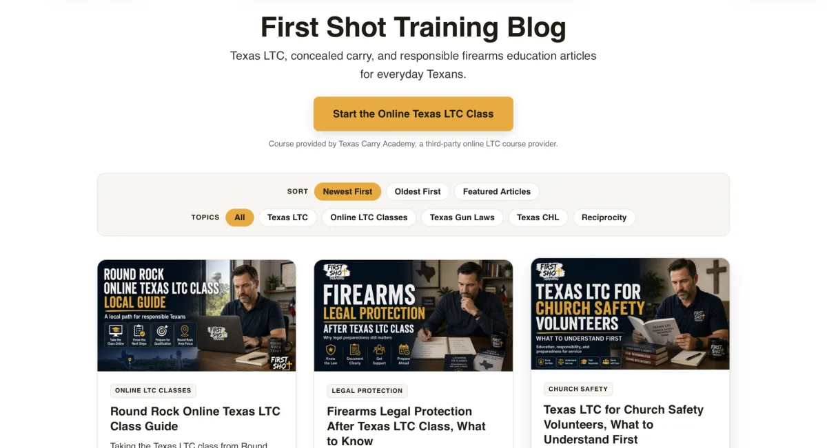 FirstShotTraining.com blog index page with sorting controls, topic filters, and article cards