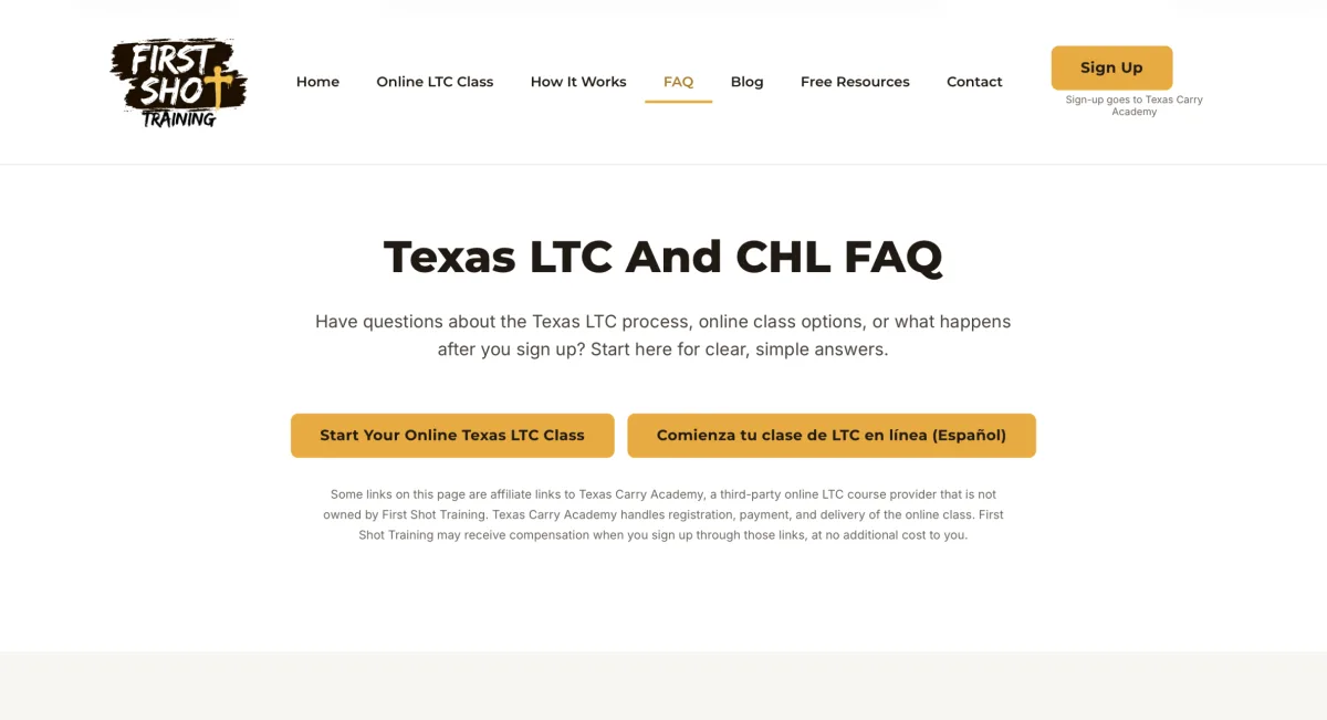 FirstShotTraining.com frequently asked questions page covering Texas LTC and CHL topics