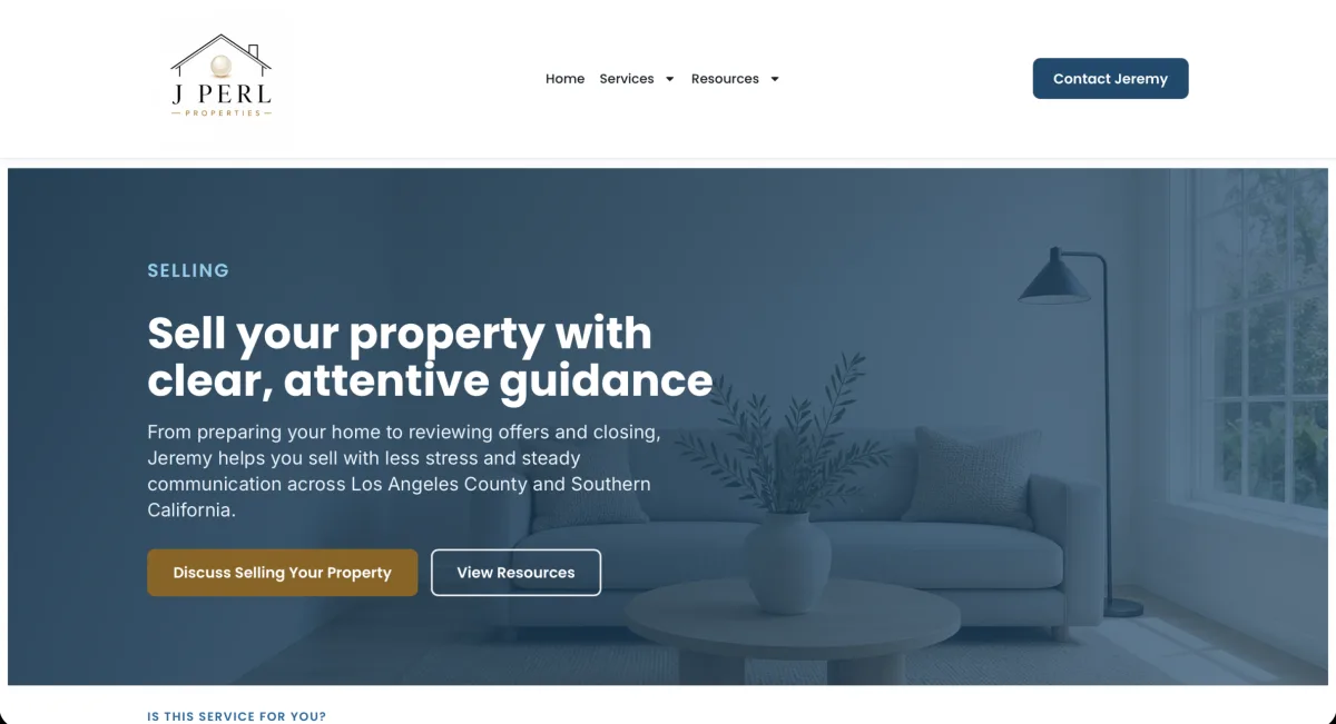 J Perl Properties selling page with a hero section about selling a property and two calls to action
