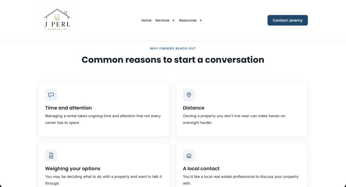 J Perl Properties page section listing common reasons property owners start a conversation